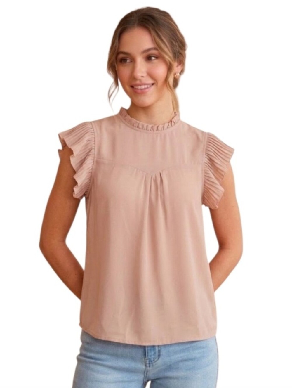 Monteau Blush Pink Ruffled Neck Flutter Sleeve Camisole Top